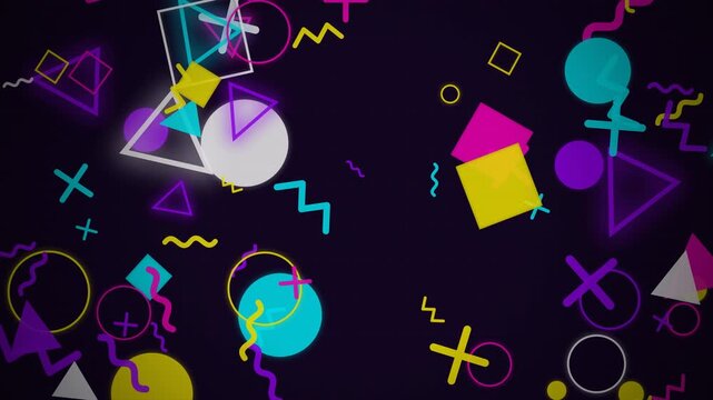 Vibrant 80s memphis abstract geometric shapes floating on dark background, suitable for motion design, video intros and dynamic backgrounds