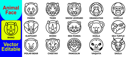 Fototapeta premium Set of cute animal face line art icons featuring various wild creatures in a circular minimalist style for graphic design projects