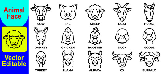 Fototapeta premium Set of cute farm animal faces line art icons featuring cow pig sheep goat horse donkey chicken rooster duck goose turkey