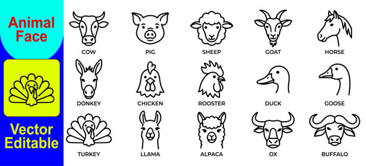 Fototapeta premium Set of cute farm animal face icons featuring cow pig sheep goat horse donkey chicken rooster duck goose turkey llama alpaca