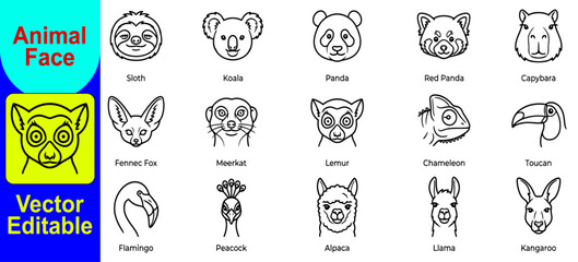 Fototapeta premium Set of fifteen hand drawn animal faces including lion koala panda monkey hamster fennec fox meerkat lemur chameleon toucan flamingo penguin hippo llama kangaroo