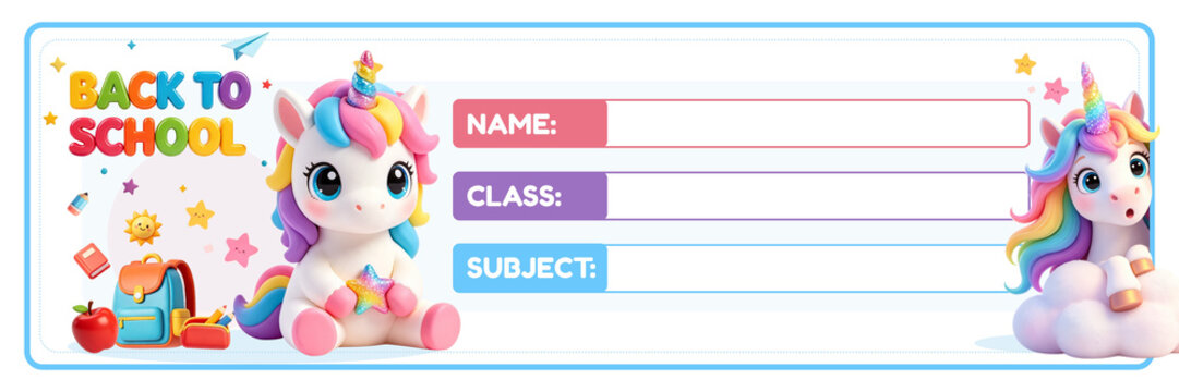 3D Cute Unicorn School Name Label Vector, Kawaii Pink Unicorn Rainbow Heart Illustration for Kids Book and Notebook Label Template