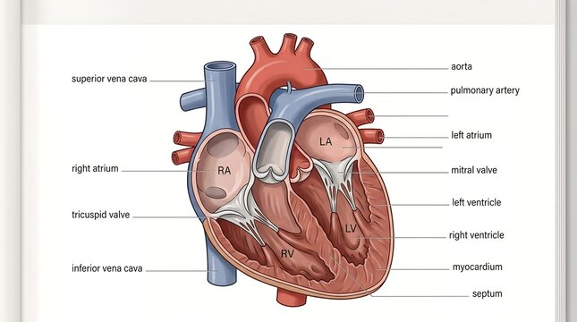 Detailed anatomical diagram of the human heart showing chambers, valves, and major blood vessels with labels for educational purposes.