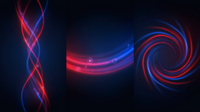 Abstract triple panel background, with glowing red, and blue neon, light trails and, swirl patterns