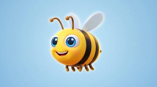 Cute 3D honey bee character, friendly cartoon bumblebee with big blue eyes, cheerful flying insect mascot on blue background
