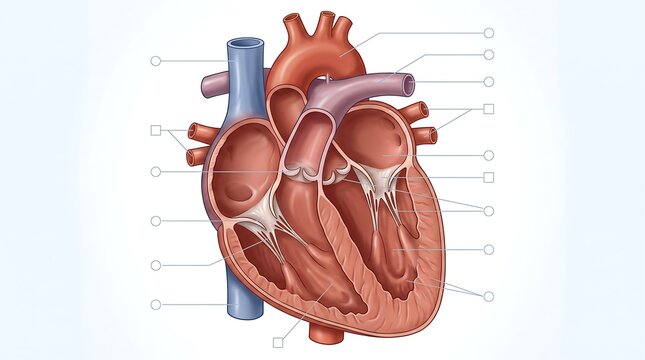 Detailed anatomical illustration of the human heart showing its internal chambers, valves, and major blood vessels.