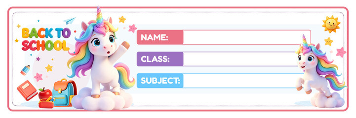 Naklejka premium 3D Cute Unicorn School Name Label Vector, Kawaii Pink Unicorn Rainbow Heart Illustration for Kids Book and Notebook Label Template