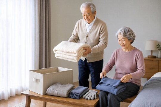 自宅で衣替えと冬支度をする日本人の高齢夫婦