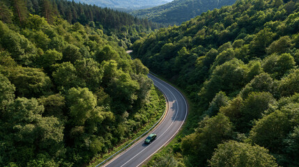 Fototapeta premium Winding Mountain Road: A solitary car navigates a scenic asphalt road that curves through a lush, verdant mountain landscape filled with dense evergreen trees.