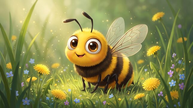 Adorable honey bee character in sunny meadow. Cute bumblebee illustration with yellow flowers. Whimsical insect in spring garden.