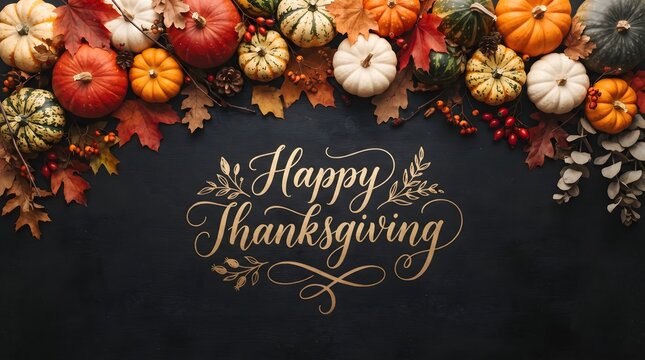 A festive flat lay top view featuring decorative pumpkins and autumn leaves with elegant gold calligraphy text wishing everyone a very happy thanksgiving holiday