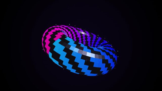 Abstract 3 d torus animation with neon zigzag pattern and particle glow, futuristic motion background, for digital technology projects