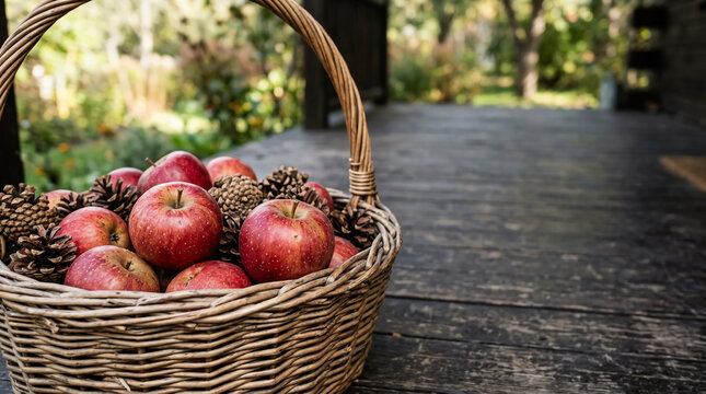 Rustic wicker basket of red apples and pinecones on a weathered porch, featuring a sunny garden background and cozy autumn harvest theme with warm natural light and vibrant colors.