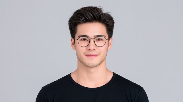 Portrait of young smiling handsome asian man with round black glasses and black shirt on plain gray background, professional casual business profile