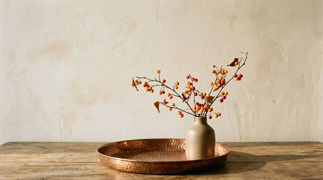 Minimalist still life of orange berry branches in a ceramic vase on a hammered copper tray and rustic wooden table under soft natural light with warm earthy tones and textured background.
