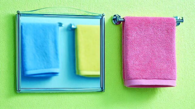 with one folded towel soap bar and clear mirror reflecting natural brightness