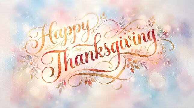 A beautiful artistic greeting card design featuring elegant golden happy thanksgiving calligraphy text set against a soft dreamy pastel watercolor painted background