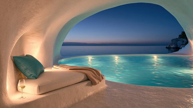 Luxury cave villa infinity pool with comfortable lounge and wine glass overlooking blue ocean at twilight, exclusive greek island summer vacation retreat