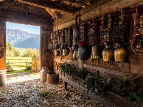 Collection of traditional cowbells hanging in a rustic barn
