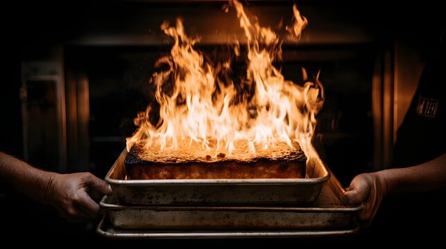 hands while removing a hot tray from oven because oven mitts are misplaced