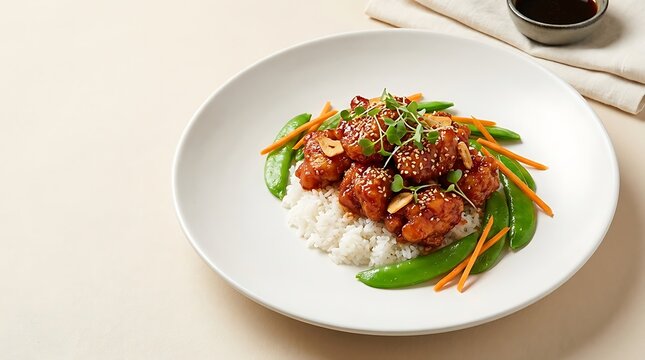 Fresh tuna poke bowl with steamed rice and green vegetables served on a round white ceramic plate dish. general tso chicken