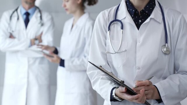Medical professional writing on clipboard with stethoscope, a doctor and female assistant collaborating in a clinic, discussing patient data and healthcare information