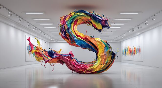 Vibrant letter S shaped from swirling liquid paint splashes displayed inside a minimalist white art gallery with bright studio lighting