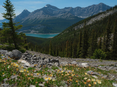 High angle view  of turquoise lake in Canadian Rockies 