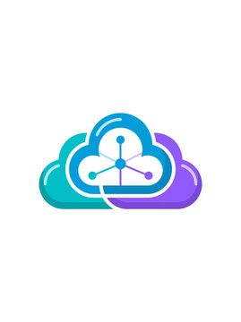 Colorful cloud technology logo design with interconnected network nodes and data sharing concept