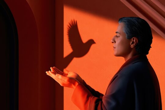 Man creating a bird shadow puppet with hands against warm orange wall, evoking peace and hope