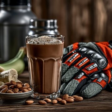 Chocolate protein shake beside workout gloves and nuts on wooden table in warm gym setting, with protein, shake, chocolate, glass detail, showing froth, shakeglass, workout, glove context
