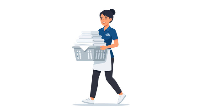 Laundry Service Worker Carrying Basket Flat Vector Illustration