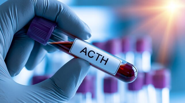 Scientist hand holding ACTH blood test tube in a laboratory, researching medical diagnosis and hormone levels