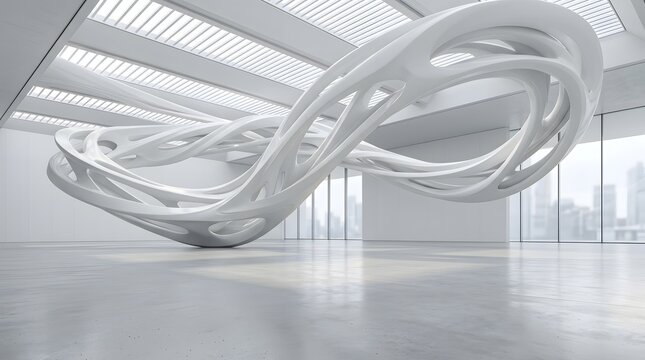Abstract futuristic sculpture with organic flowing shapes inside a bright modern minimalist gallery exhibition space