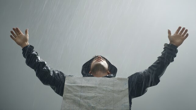 in sudden storm while reading unreadable map drenched by rain and wind