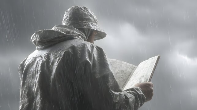 in sudden storm while reading unreadable map drenched by rain and wind