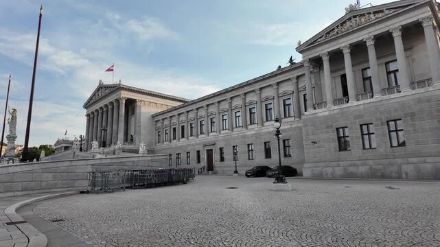 Aesthetic cinematic slow motion view of the Austrian Parliament Building in Vienna