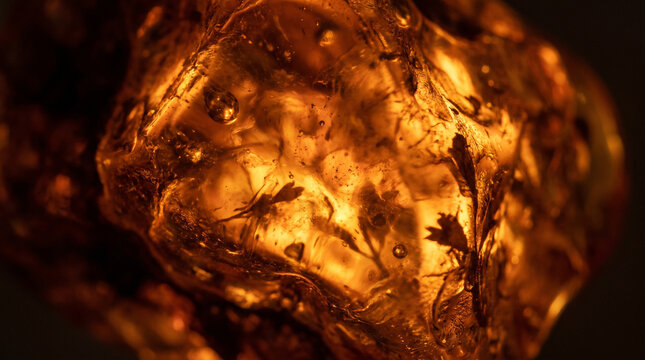 Macro 3D texture of glowing warm amber resin with trapped light for autumn background.