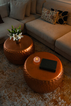 Hammered Copper Coffee Tables in a Modern Living Room