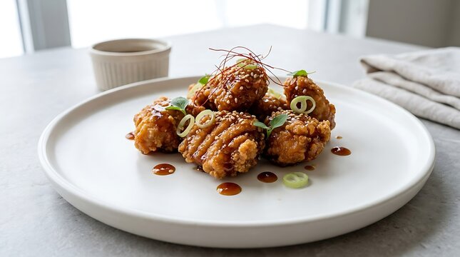Delicious crispy fried chicken pieces with sesame seeds and green onion served on a modern white plate. general tso chicken