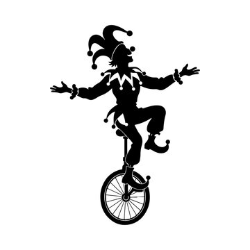Jester&rsquo;s Unicycle Balancing Act, Flat Vector Silhouette of Medieval Court Jester Open-Armed Balancing on Tall Unicycle in Dynamic Performance Pose
