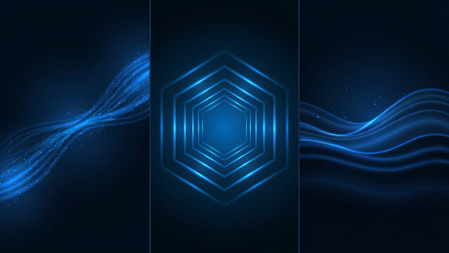 Blue glowing hexagonal tunnel and fluid light waves in three vertical panels on dark background