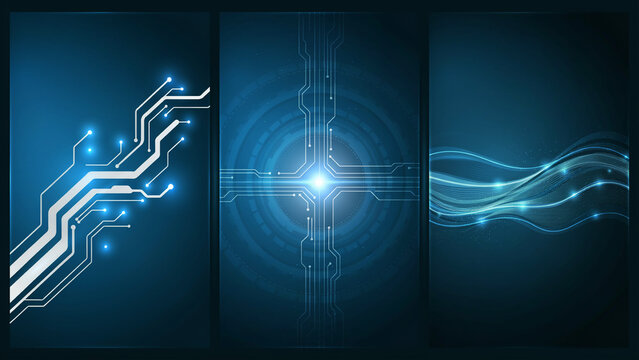 Blue technology backgrounds featuring circuitry patterns and glowing light wave data streams