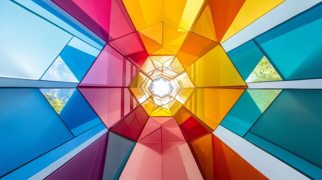Kaleidoscopic view of a colorful geometric skylight, featuring a radiant spectrum of colors from blue to red in a mesmerizing pattern