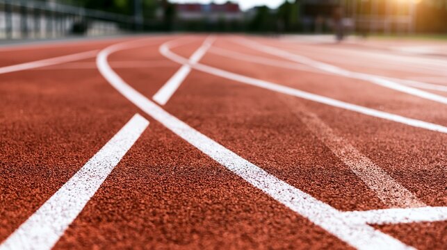 Red athletic track featuring crisp white lane markings curving into the distance, representing goals, progress, and sporting achievements