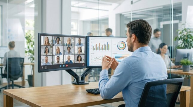 Professional man attending a virtual video conference meeting on dual monitors in office