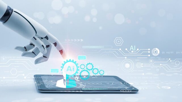 Robot hand touching tablet screen with virtual AI icon and gears interface, representing artificial intelligence technology, machine learning, automated business process, and digital transformation co