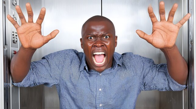 stuck in malfunctioning elevator pressing buttons repeatedly with panicked expression