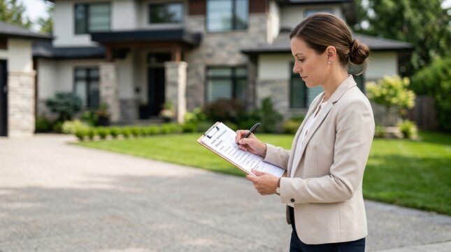 Real estate agent writing on clipboard in front of a modern residential house