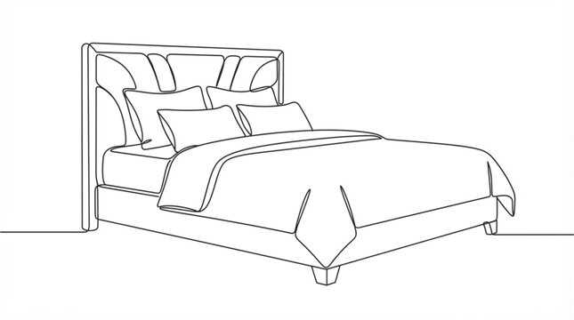 Continuous line art luxury hotel bed vector icon for travel hospitality and holiday lodging concepts